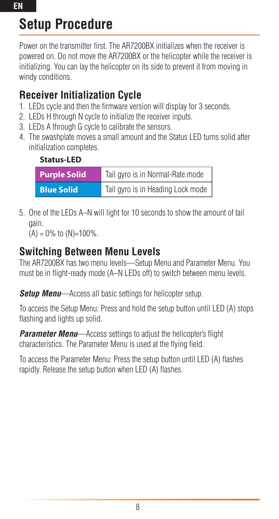 Setup procedure, Receiver initialization cycle, Switching between menu levels | Spektrum SPMAR7200BX User Manual | Page 8 / 38