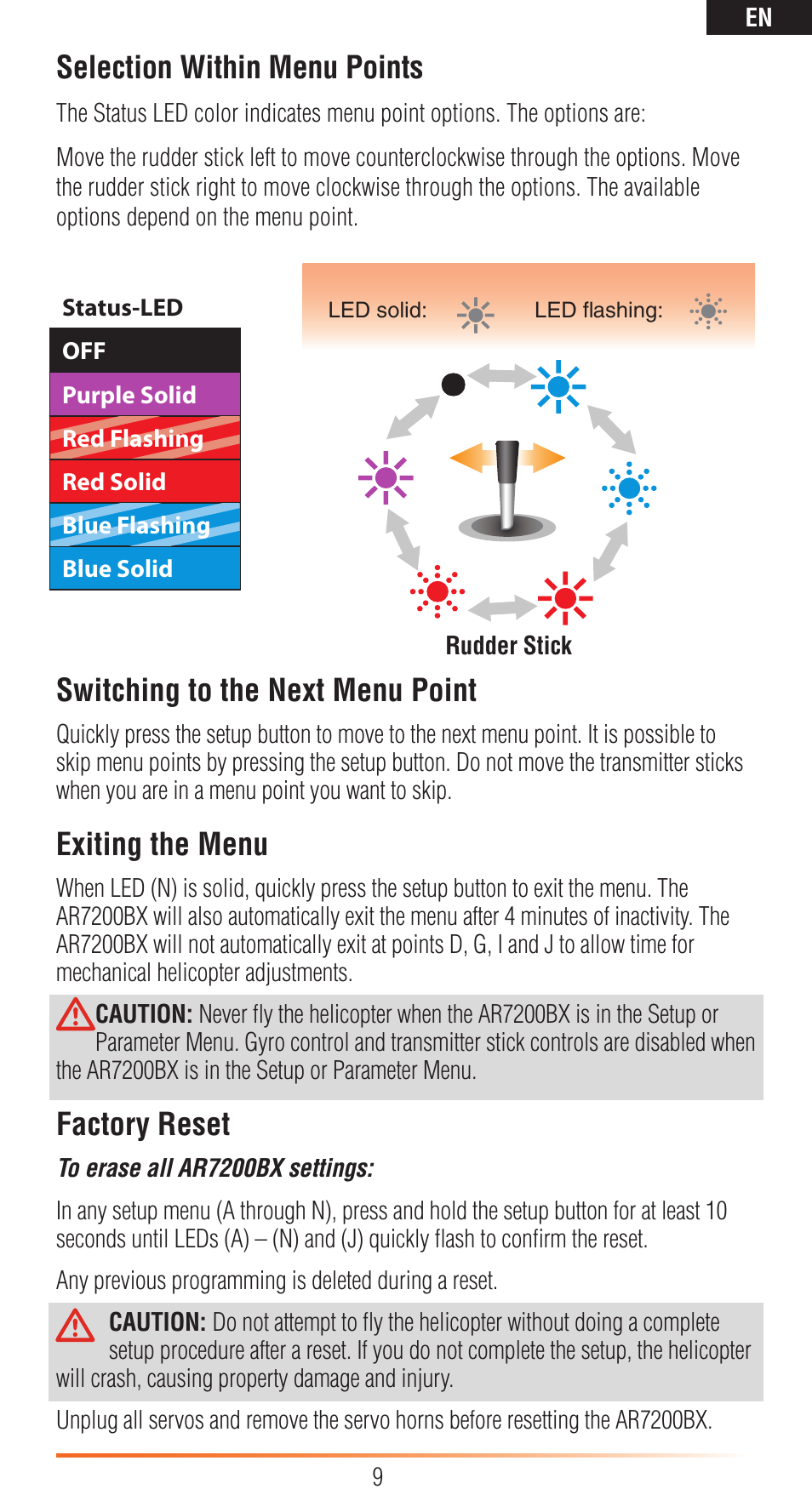 Selection within menu points, Switching to the next menu point, Exiting the menu | Factory reset | Spektrum SPMAR7200BX User Manual | Page 9 / 38