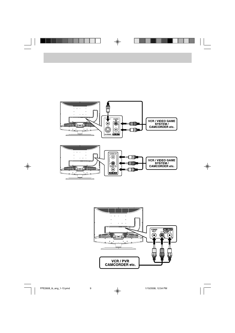 Connections, Connecting to a vcr / pvr / camcorder | Audiovox FPE2608 User Manual | Page 10 / 22