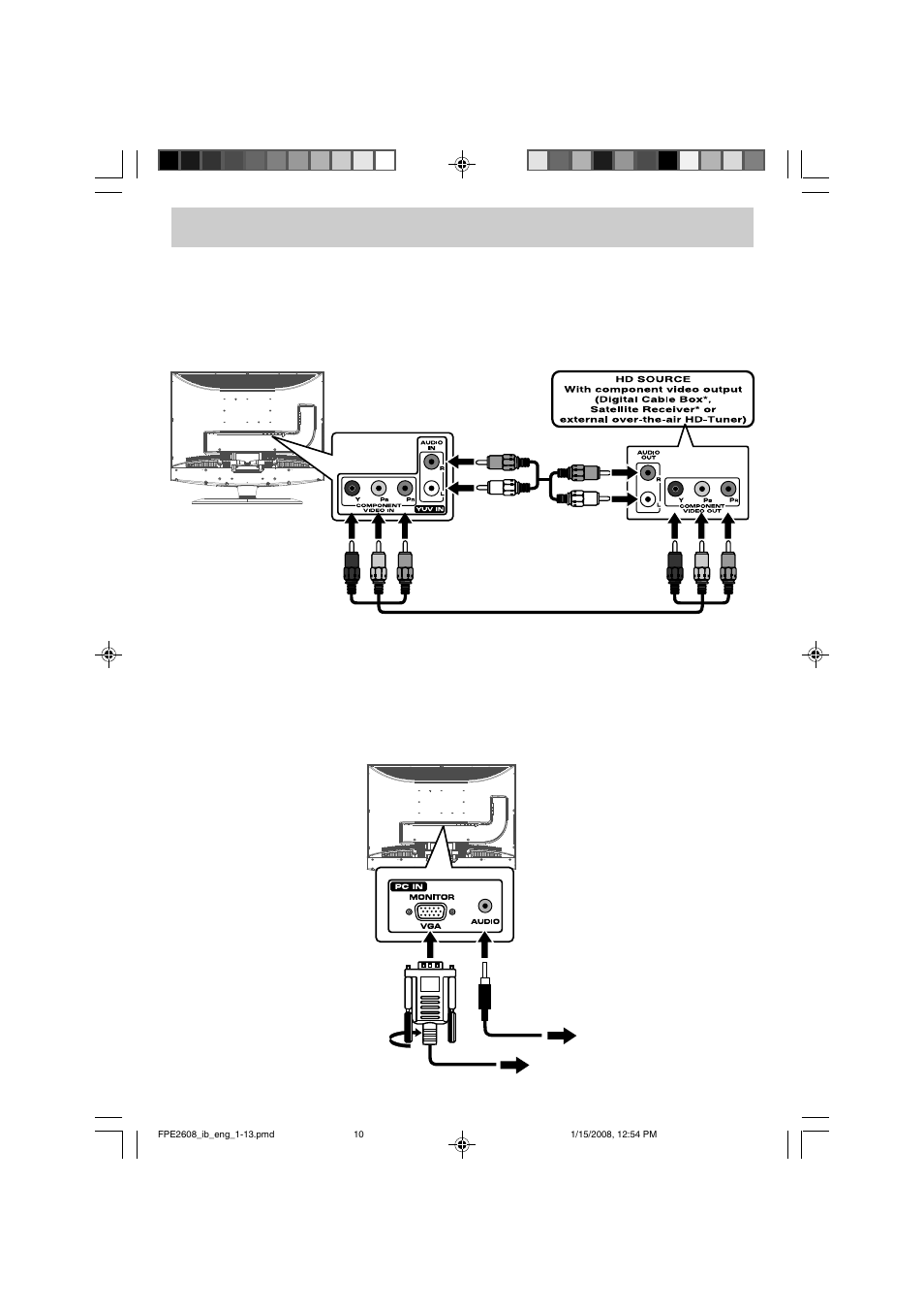 Connections, Connecting a high-definition (hd) source, Connecting a pc | Audiovox FPE2608 User Manual | Page 11 / 22