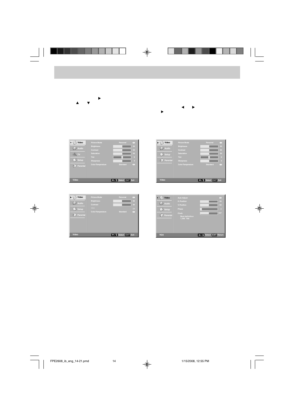 Tv setup, Video menu | Audiovox FPE2608 User Manual | Page 15 / 22