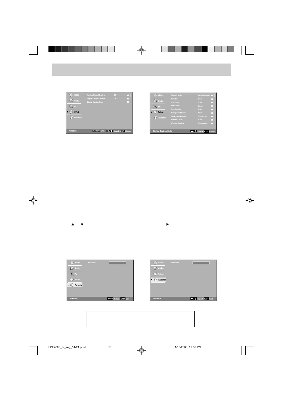 Tv setup, Parental menu, Restore setting | Caption setting, Password | Audiovox FPE2608 User Manual | Page 19 / 22