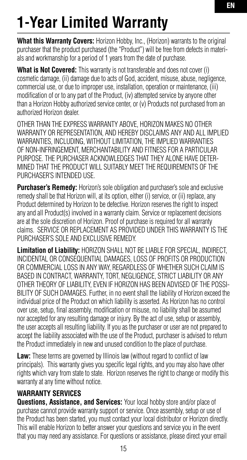 Year limited warranty | Spektrum SPMAR7010 User Manual | Page 15 / 72