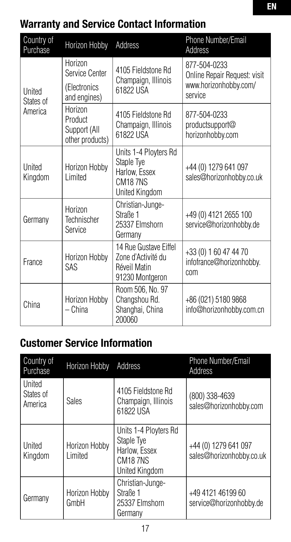Warranty and service contact information, Customer service information | Spektrum SPMAR7010 User Manual | Page 17 / 72