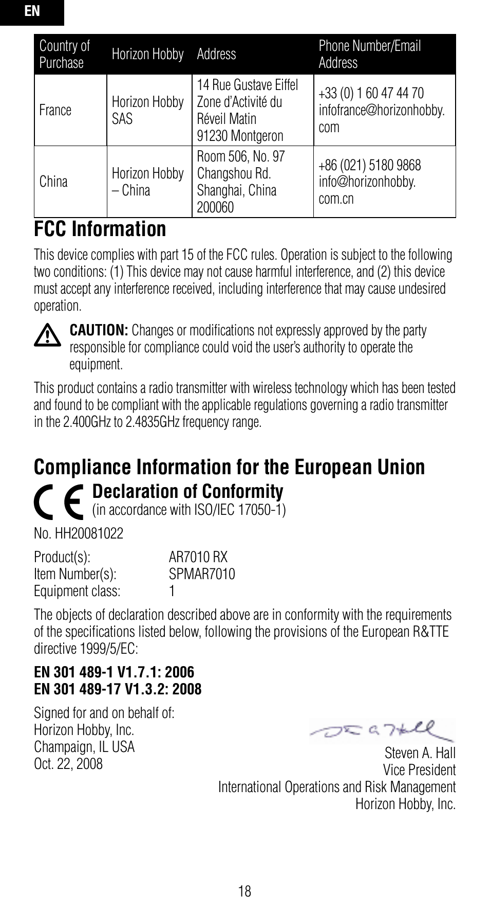 Fcc information, Compliance information for the european union, Declaration of conformity | Spektrum SPMAR7010 User Manual | Page 18 / 72