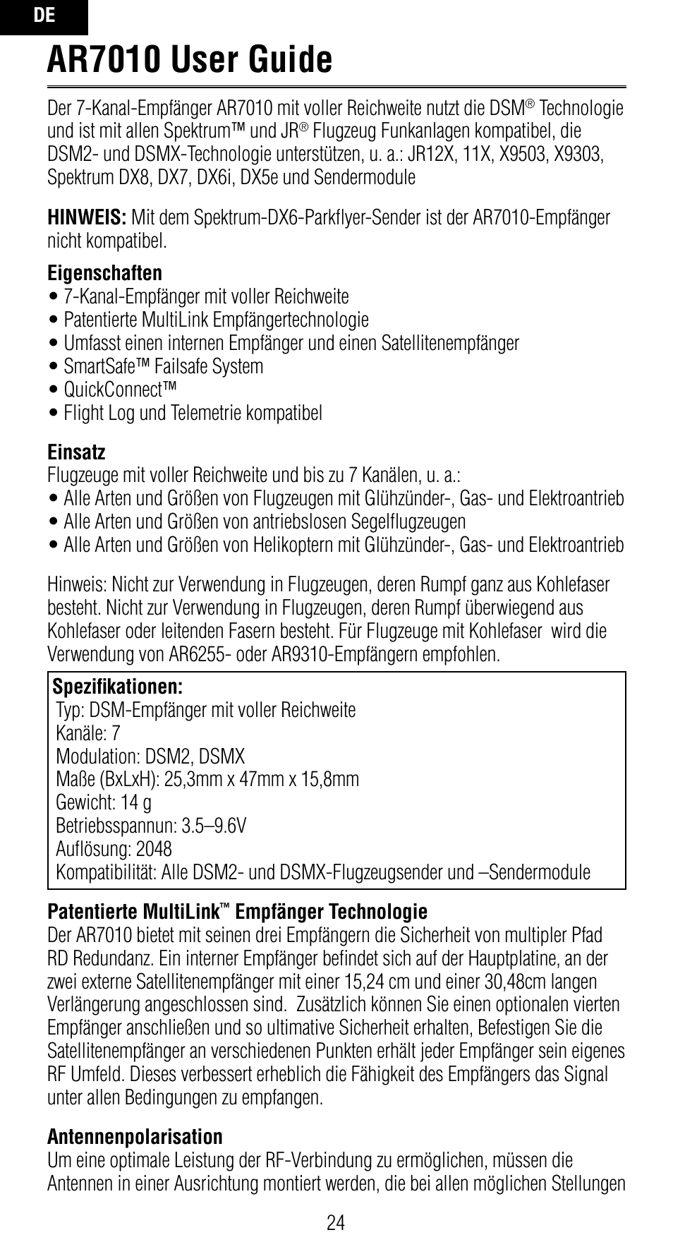 Ar7010 user guide | Spektrum SPMAR7010 User Manual | Page 24 / 72
