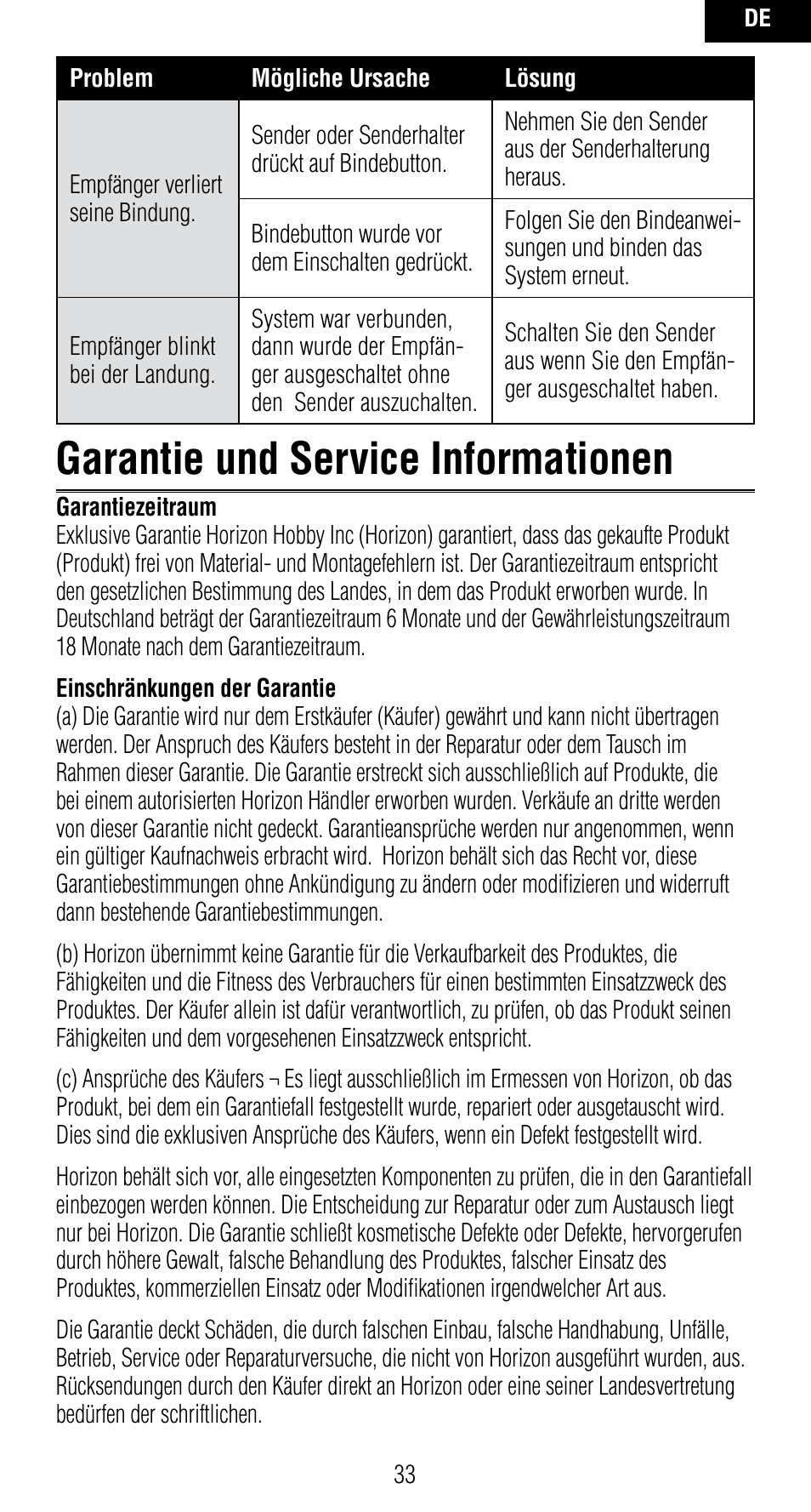 Garantie und service informationen | Spektrum SPMAR7010 User Manual | Page 33 / 72