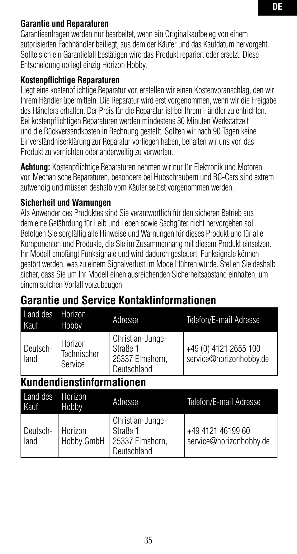Garantie und service kontaktinformationen, Kundendienstinformationen | Spektrum SPMAR7010 User Manual | Page 35 / 72