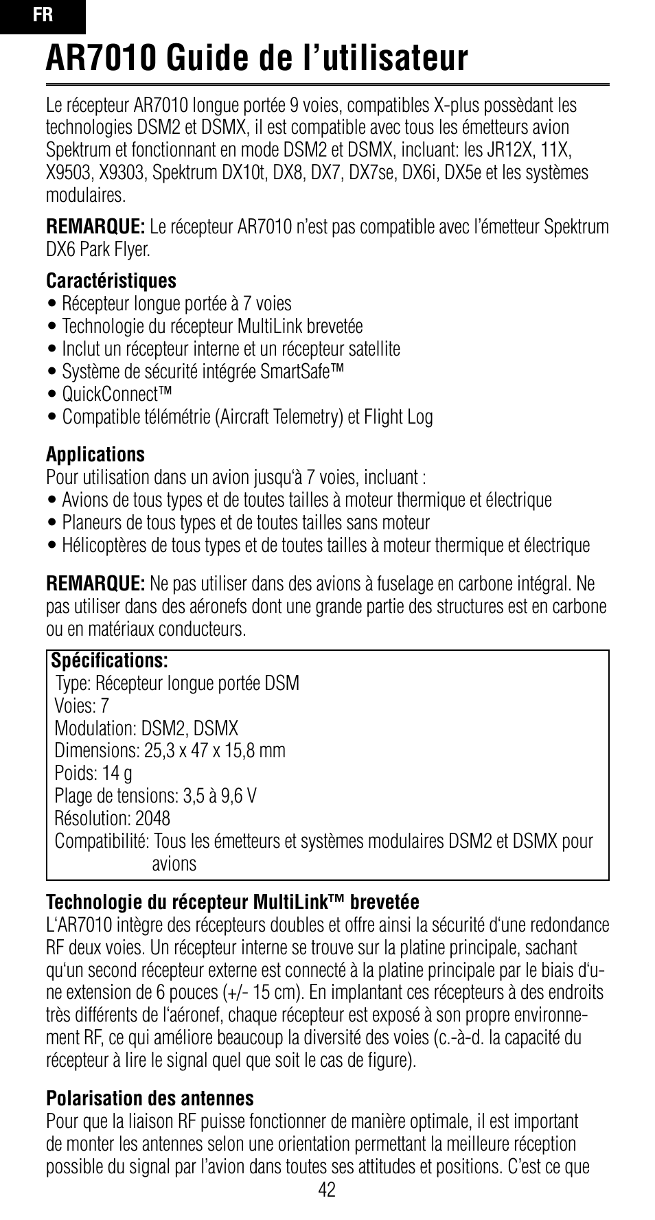 Ar7010 guide de l’utilisateur | Spektrum SPMAR7010 User Manual | Page 42 / 72