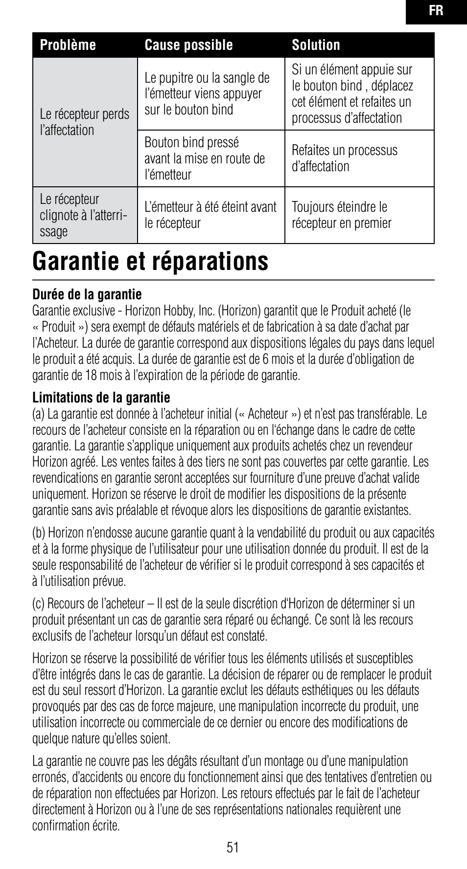 Garantie et réparations | Spektrum SPMAR7010 User Manual | Page 51 / 72
