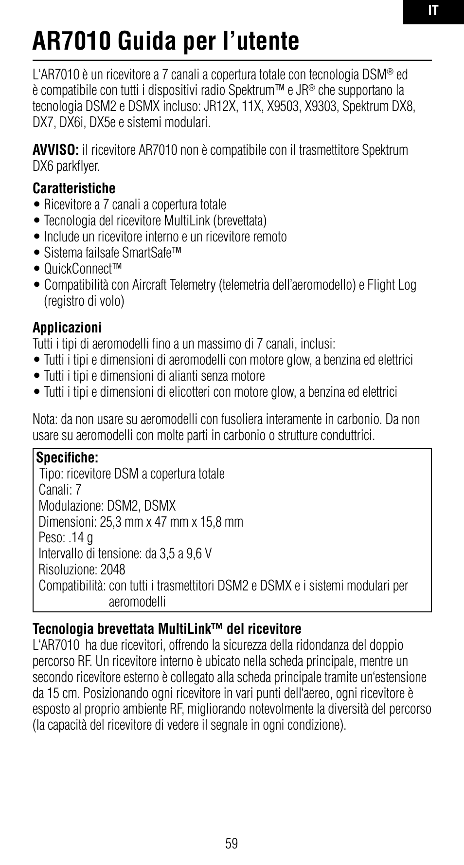 Ar7010 guida per l’utente | Spektrum SPMAR7010 User Manual | Page 59 / 72