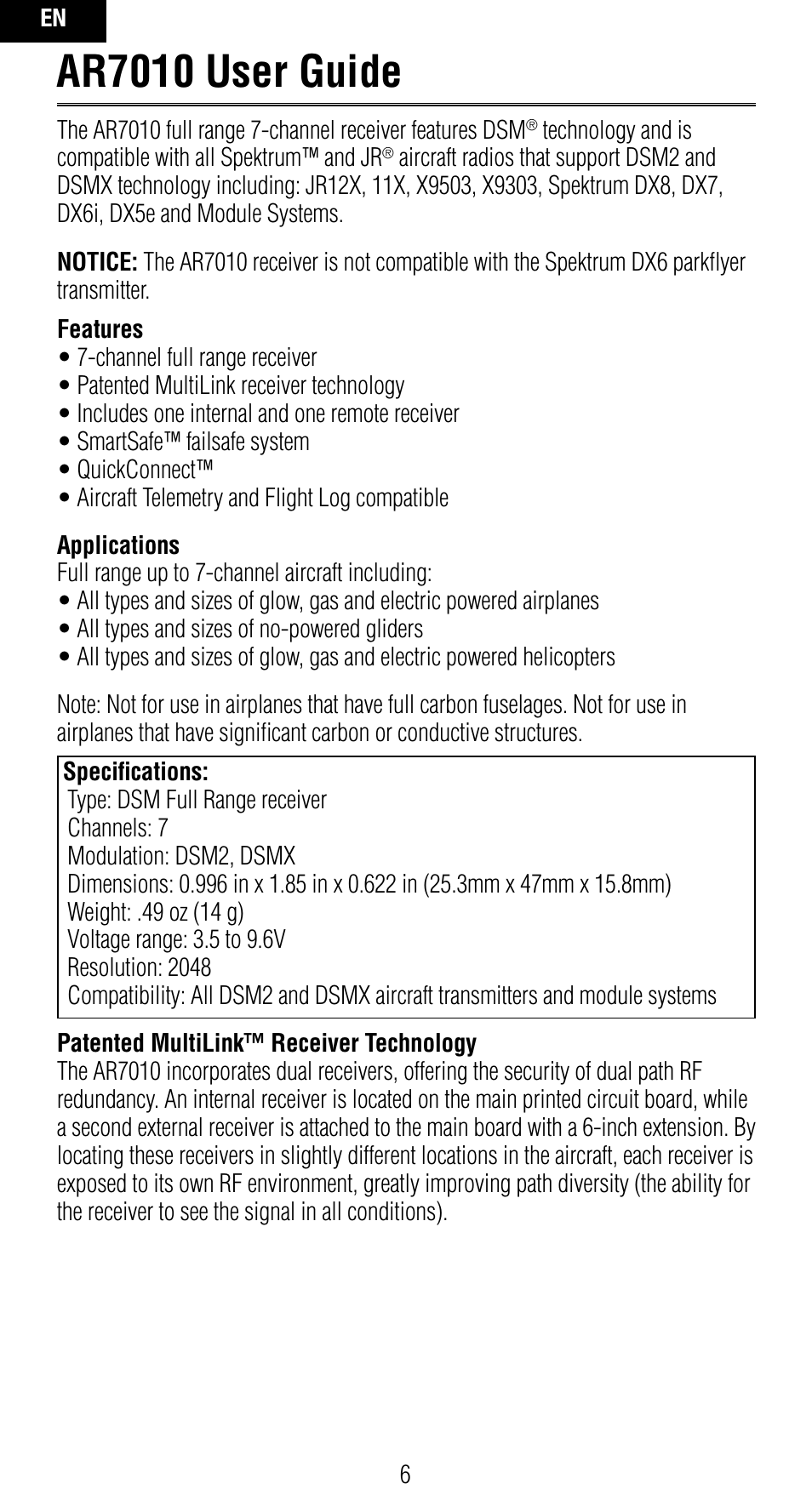 Ar7010 user guide | Spektrum SPMAR7010 User Manual | Page 6 / 72
