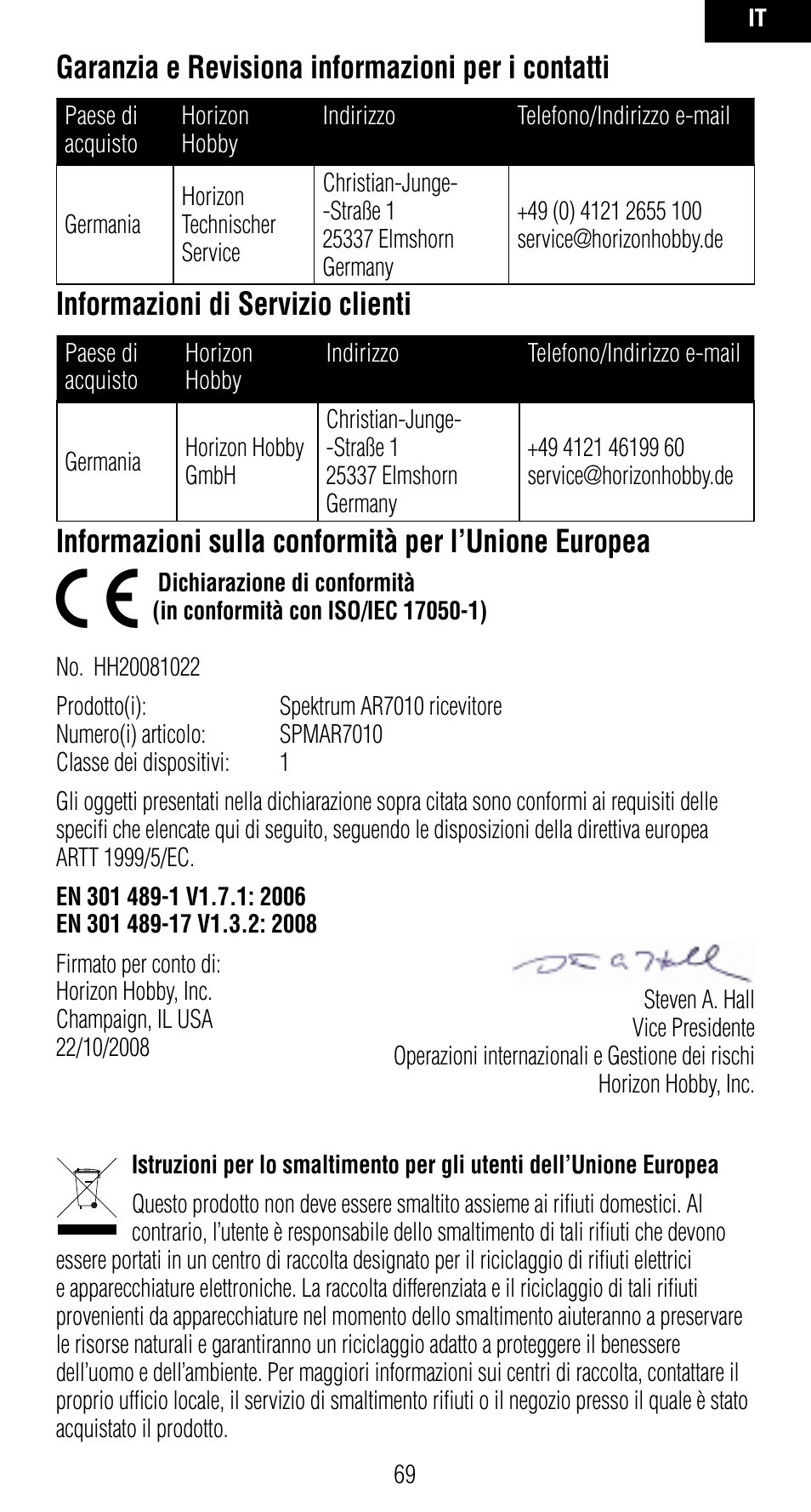 Garanzia e revisiona informazioni per i contatti, Informazioni di servizio clienti, Informazioni sulla conformità per l’unione europea | Spektrum SPMAR7010 User Manual | Page 69 / 72