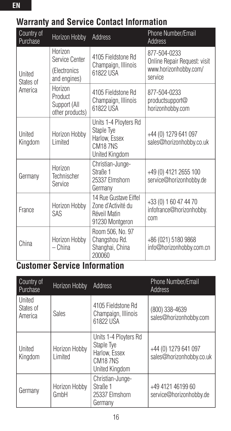 Warranty and service contact information, Customer service information | Spektrum SPMAR6410T User Manual | Page 16 / 69