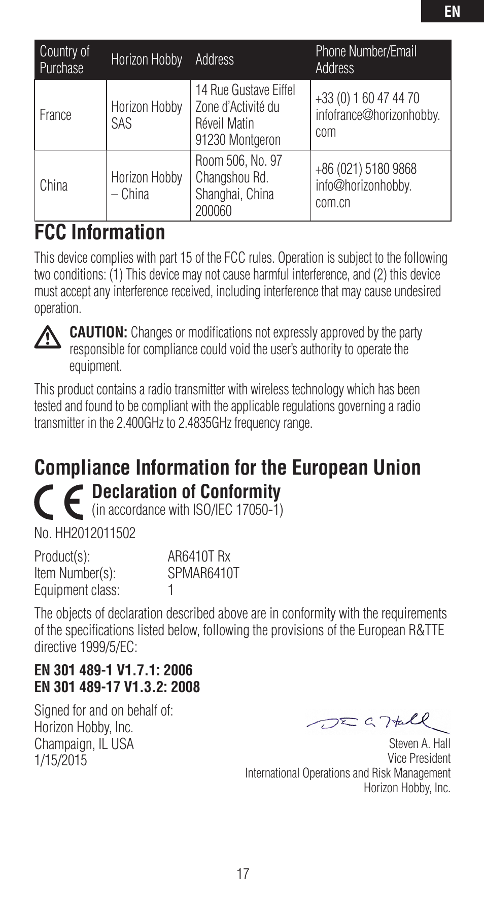 Fcc information, Compliance information for the european union, Declaration of conformity | Spektrum SPMAR6410T User Manual | Page 17 / 69