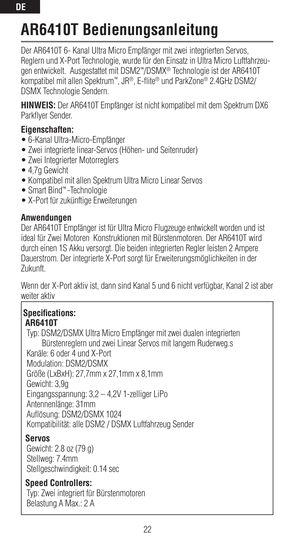 Ar6410t bedienungsanleitung | Spektrum SPMAR6410T User Manual | Page 23 / 69