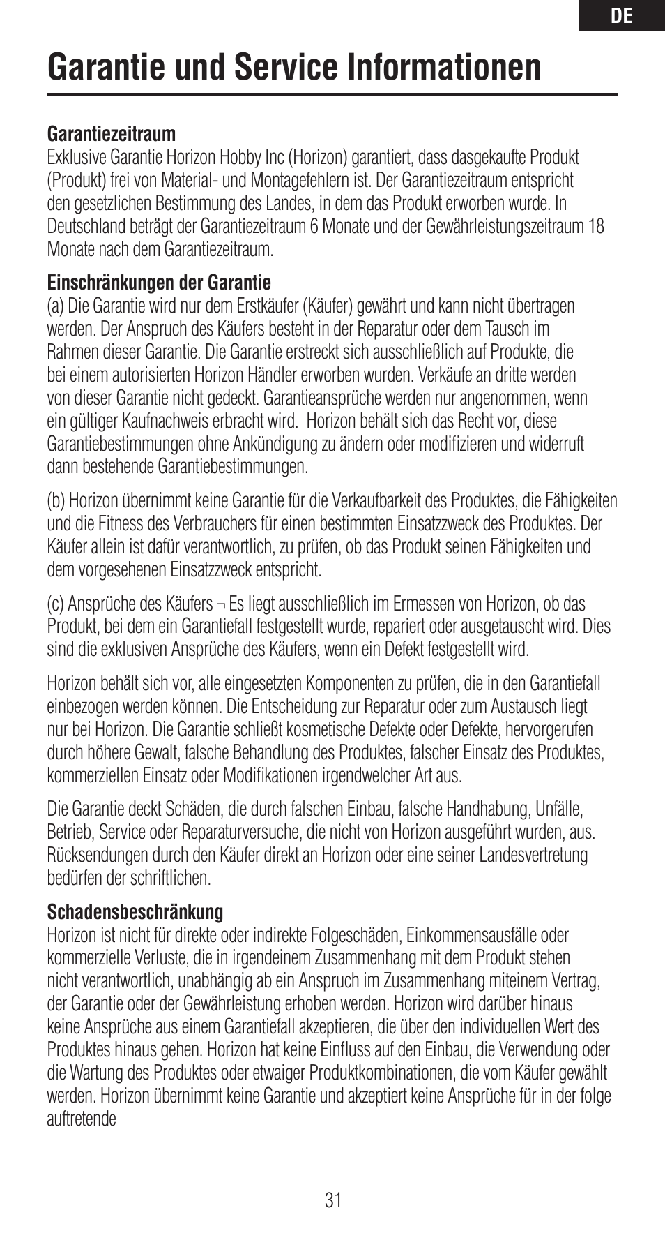Garantie und service informationen | Spektrum SPMAR6410T User Manual | Page 32 / 69