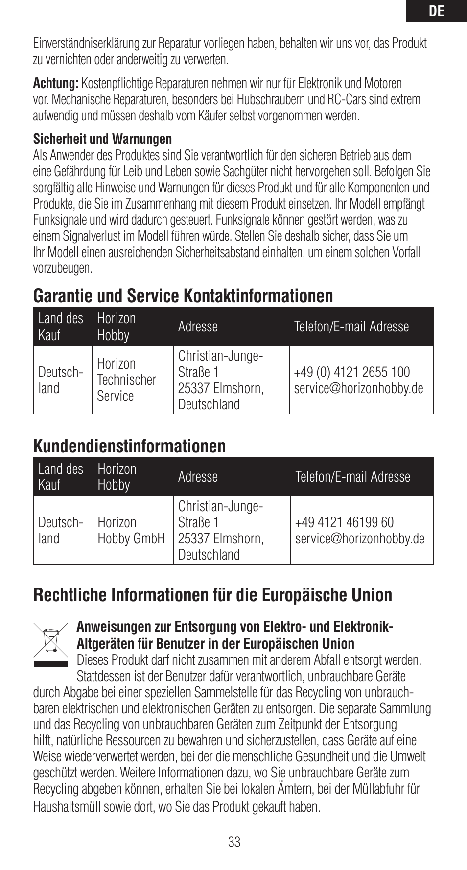 Garantie und service kontaktinformationen, Kundendienstinformationen, Rechtliche informationen für die europäische union | Spektrum SPMAR6410T User Manual | Page 34 / 69