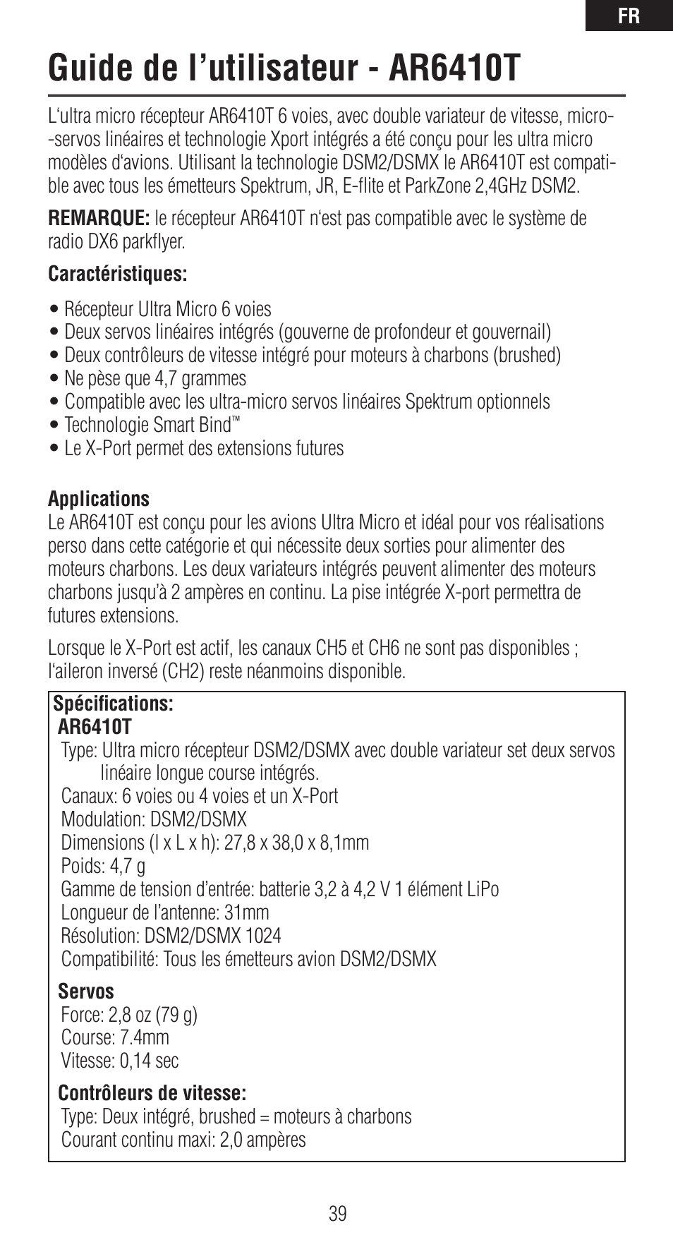 Guide de l’utilisateur - ar6410t | Spektrum SPMAR6410T User Manual | Page 40 / 69