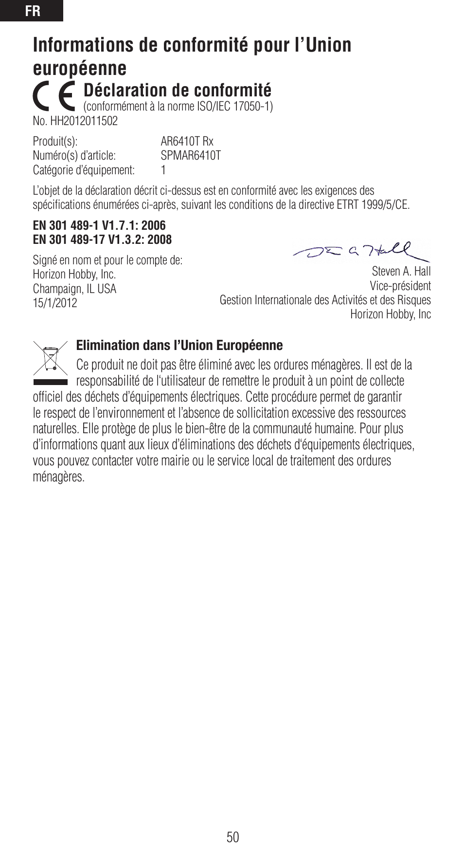 Informations de conformité pour l’union européenne, Déclaration de conformité | Spektrum SPMAR6410T User Manual | Page 51 / 69