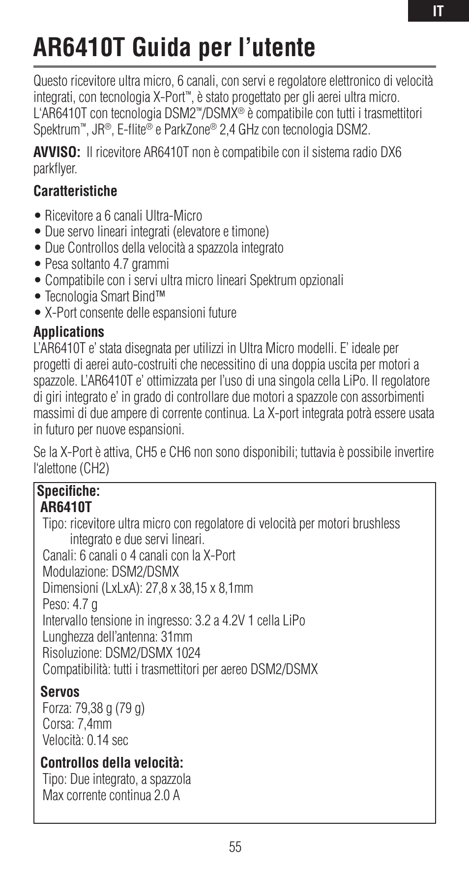 Ar6410t guida per l’utente | Spektrum SPMAR6410T User Manual | Page 56 / 69