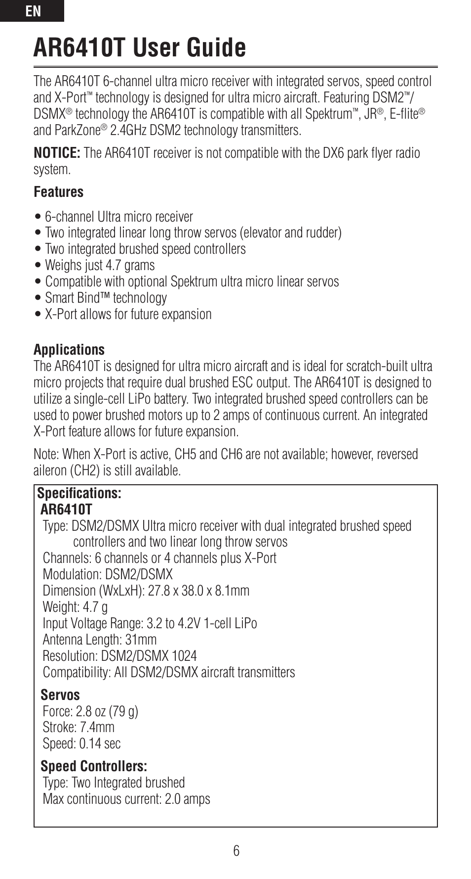 Ar6410t user guide | Spektrum SPMAR6410T User Manual | Page 6 / 69