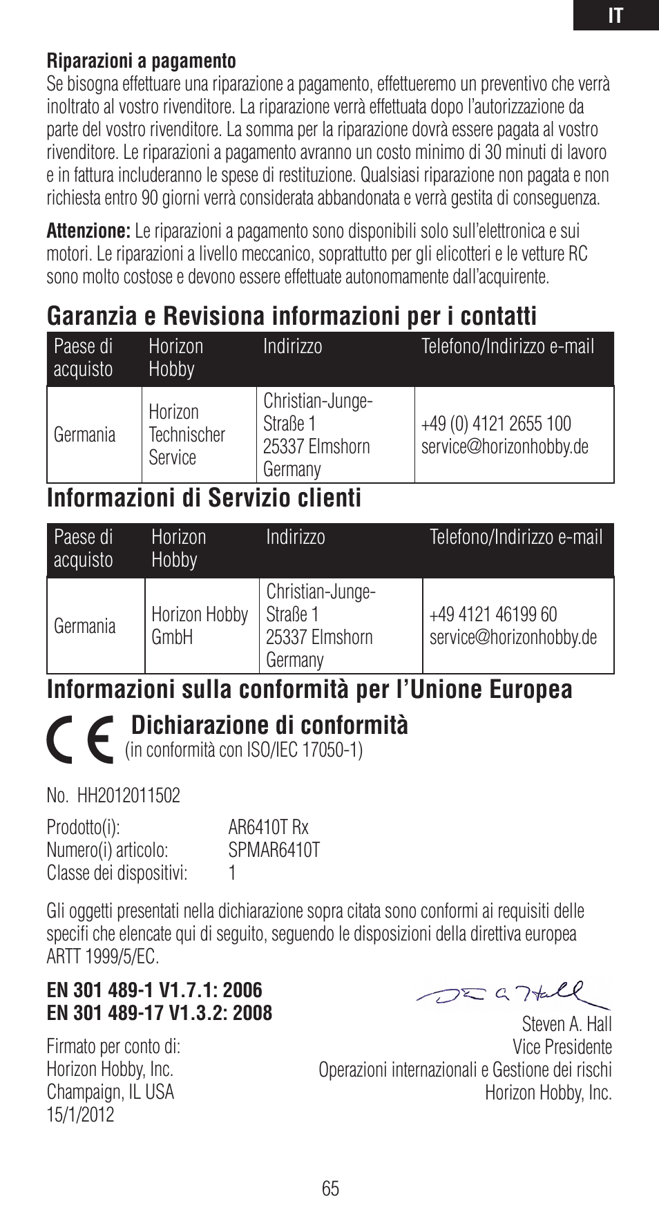 Garanzia e revisiona informazioni per i contatti, Informazioni di servizio clienti | Spektrum SPMAR6410T User Manual | Page 66 / 69