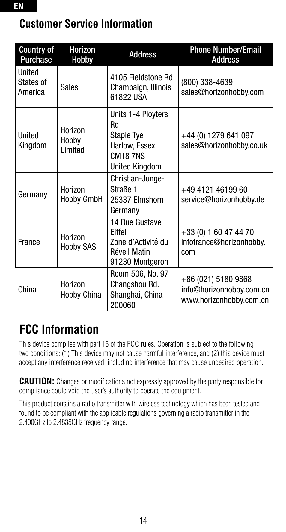 Fcc information, Customer service information | Spektrum SPMAR6410NBL User Manual | Page 14 / 56