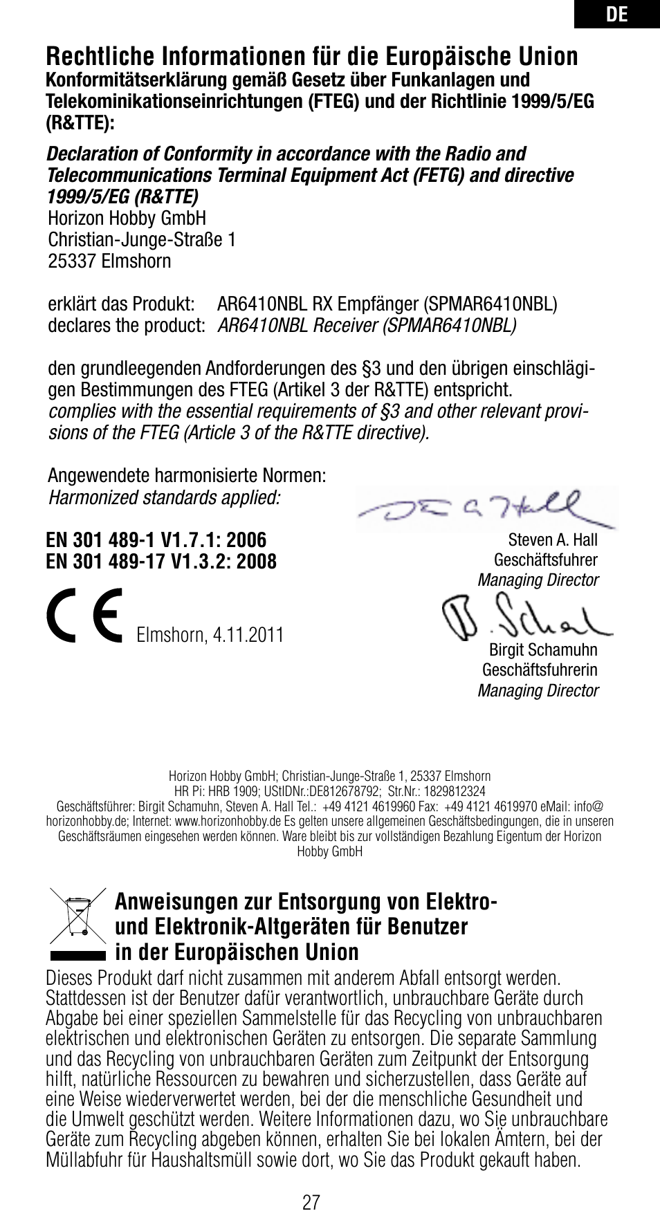 Rechtliche informationen für die europäische union | Spektrum SPMAR6410NBL User Manual | Page 29 / 56