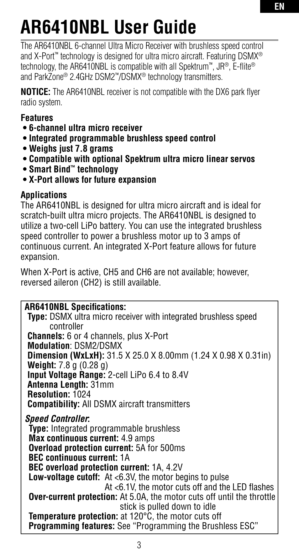 Ar6410nbl user guide | Spektrum SPMAR6410NBL User Manual | Page 3 / 56