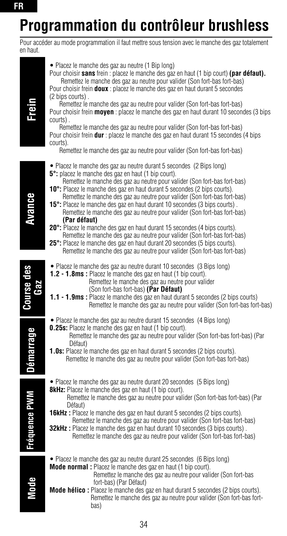 Programmation du contrôleur brushless, Frein, Avance | Course des gaz mode démarrage, Fr 34, Fréquence pwm | Spektrum SPMAR6410NBL User Manual | Page 36 / 56