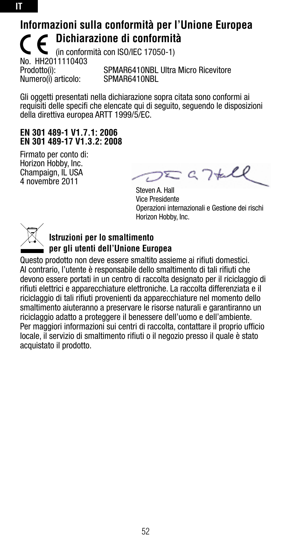 Informazioni sulla conformità per l’unione europea, Dichiarazione di conformità | Spektrum SPMAR6410NBL User Manual | Page 54 / 56