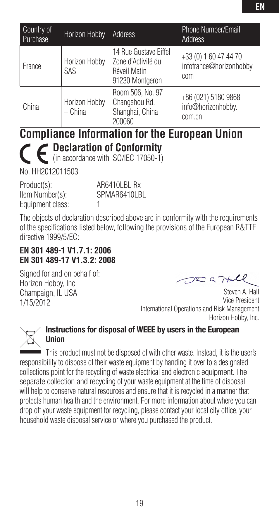 Compliance information for the european union, Declaration of conformity | Spektrum SPMAR6410LBL User Manual | Page 19 / 76