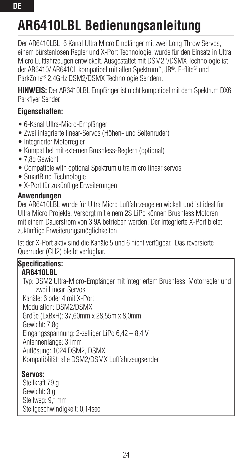 Ar6410lbl bedienungsanleitung | Spektrum SPMAR6410LBL User Manual | Page 24 / 76