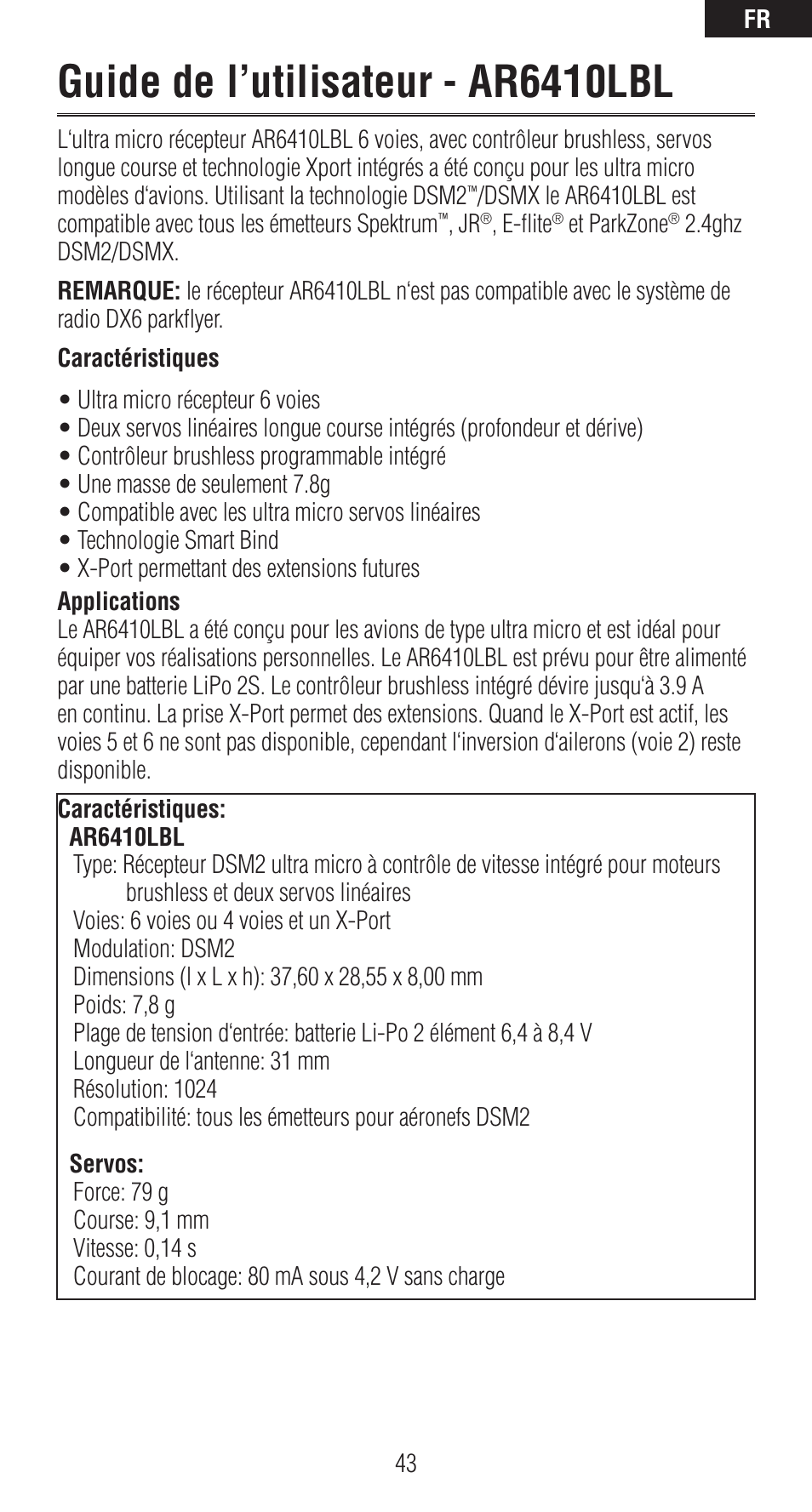 Guide de l’utilisateur - ar6410lbl | Spektrum SPMAR6410LBL User Manual | Page 43 / 76