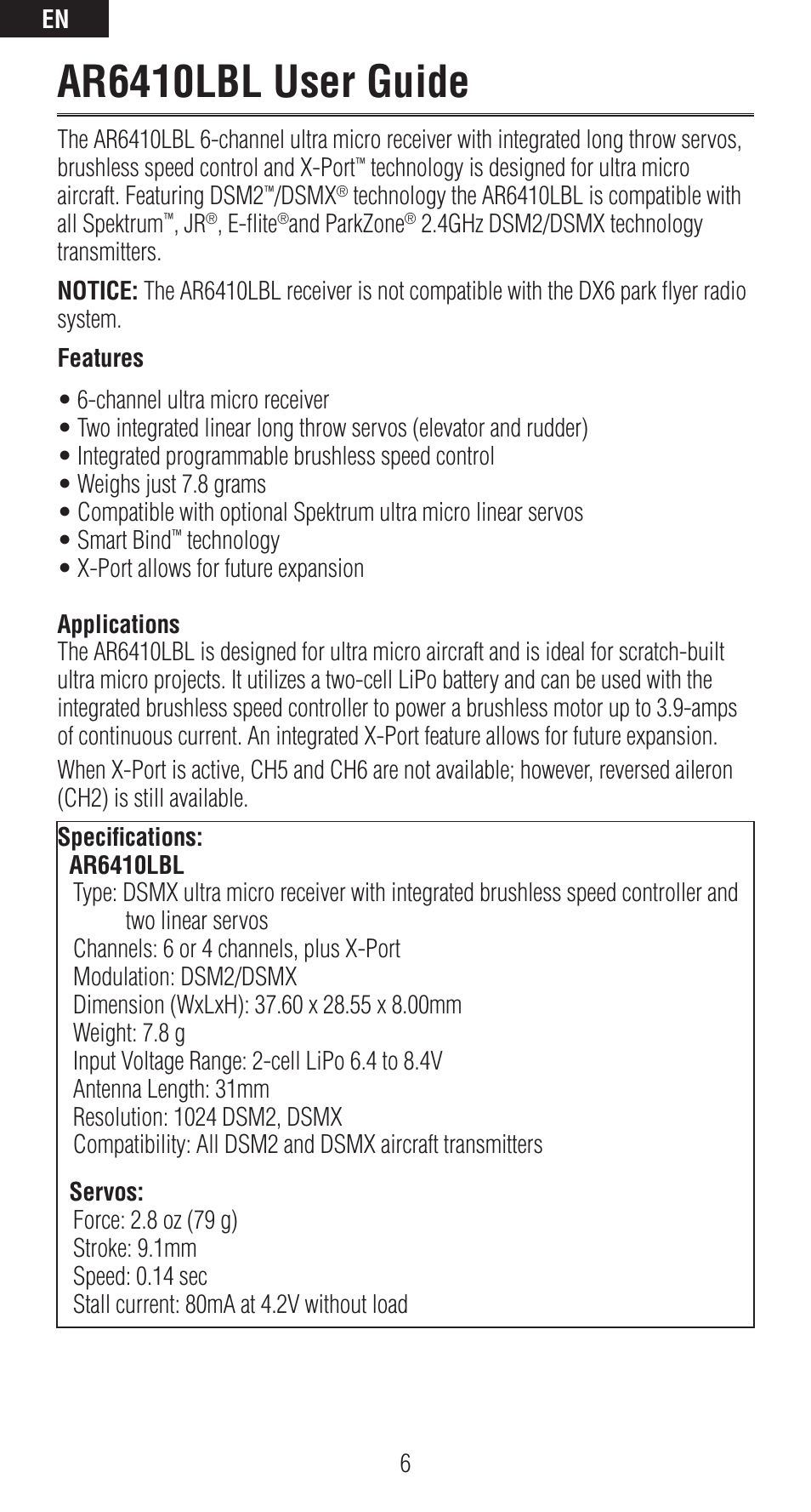 Ar6410lbl user guide | Spektrum SPMAR6410LBL User Manual | Page 6 / 76