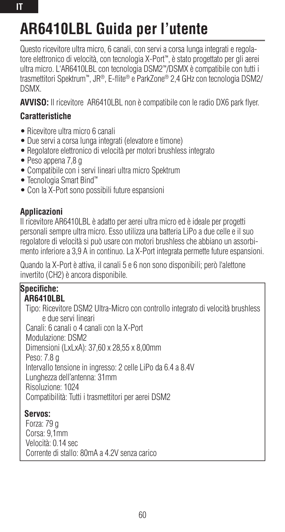 Ar6410lbl guida per l’utente | Spektrum SPMAR6410LBL User Manual | Page 60 / 76