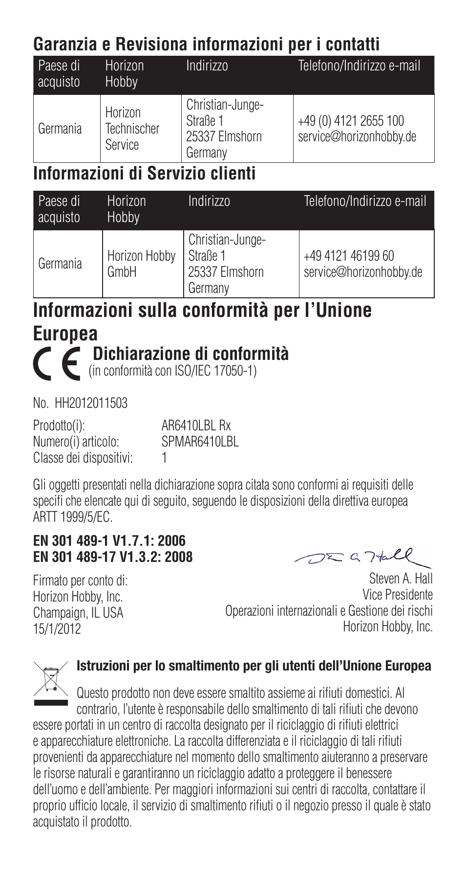 Informazioni sulla conformità per l’unione europea, Garanzia e revisiona informazioni per i contatti, Informazioni di servizio clienti | Dichiarazione di conformità | Spektrum SPMAR6410LBL User Manual | Page 72 / 76