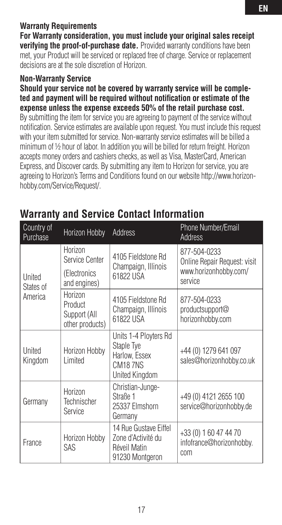 Warranty and service contact information | Spektrum SPMAR6410 User Manual | Page 17 / 72