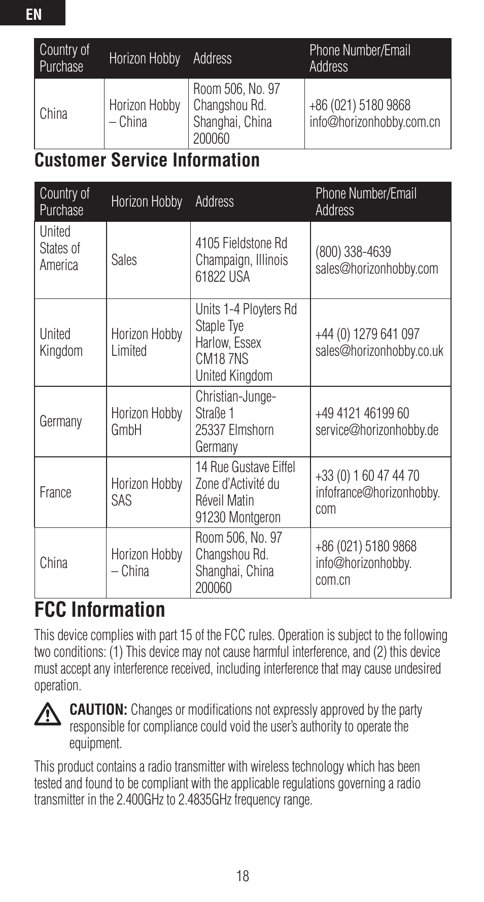 Fcc information, Customer service information | Spektrum SPMAR6410 User Manual | Page 18 / 72