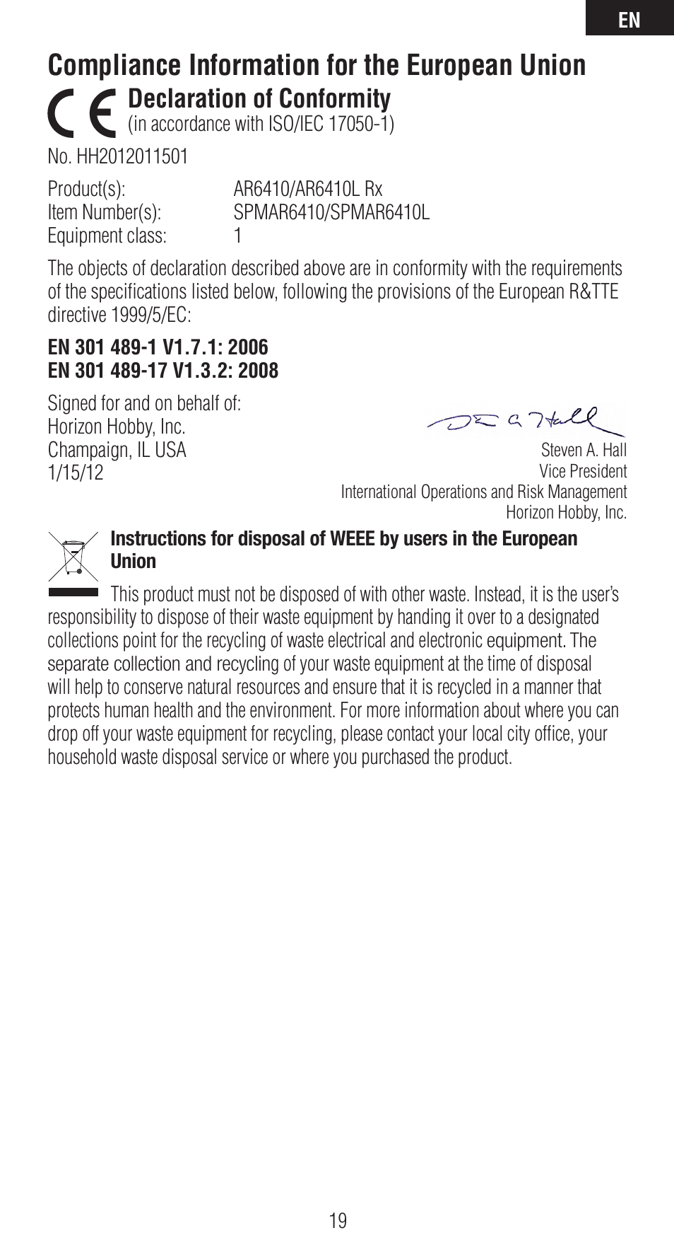 Compliance information for the european union, Declaration of conformity | Spektrum SPMAR6410 User Manual | Page 19 / 72