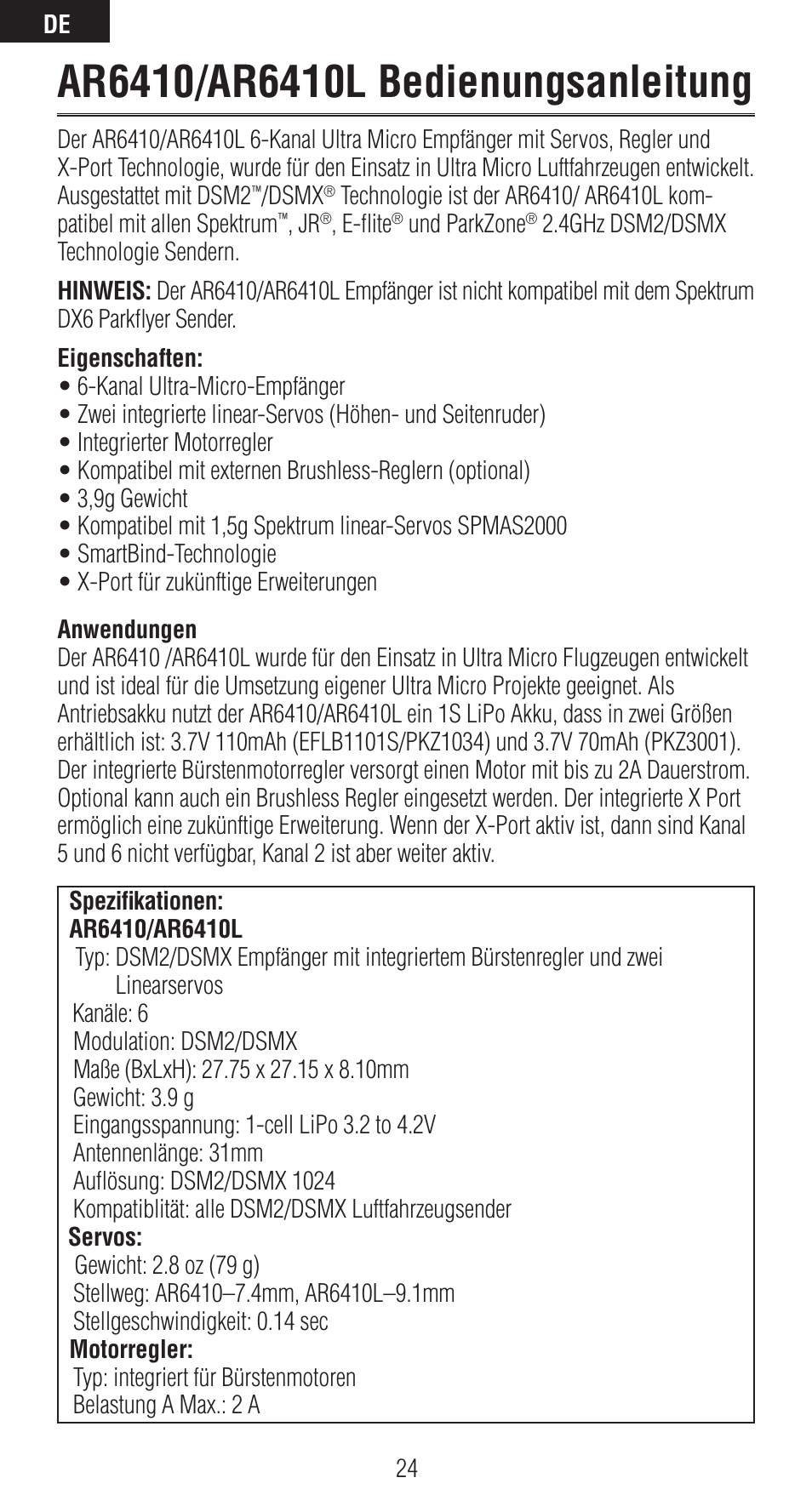 Spektrum SPMAR6410 User Manual | Page 24 / 72