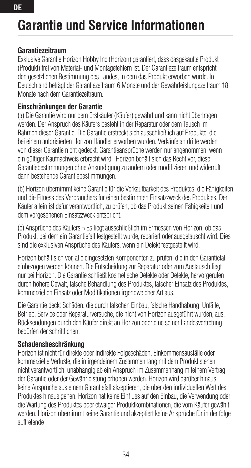 Garantie und service informationen | Spektrum SPMAR6410 User Manual | Page 34 / 72