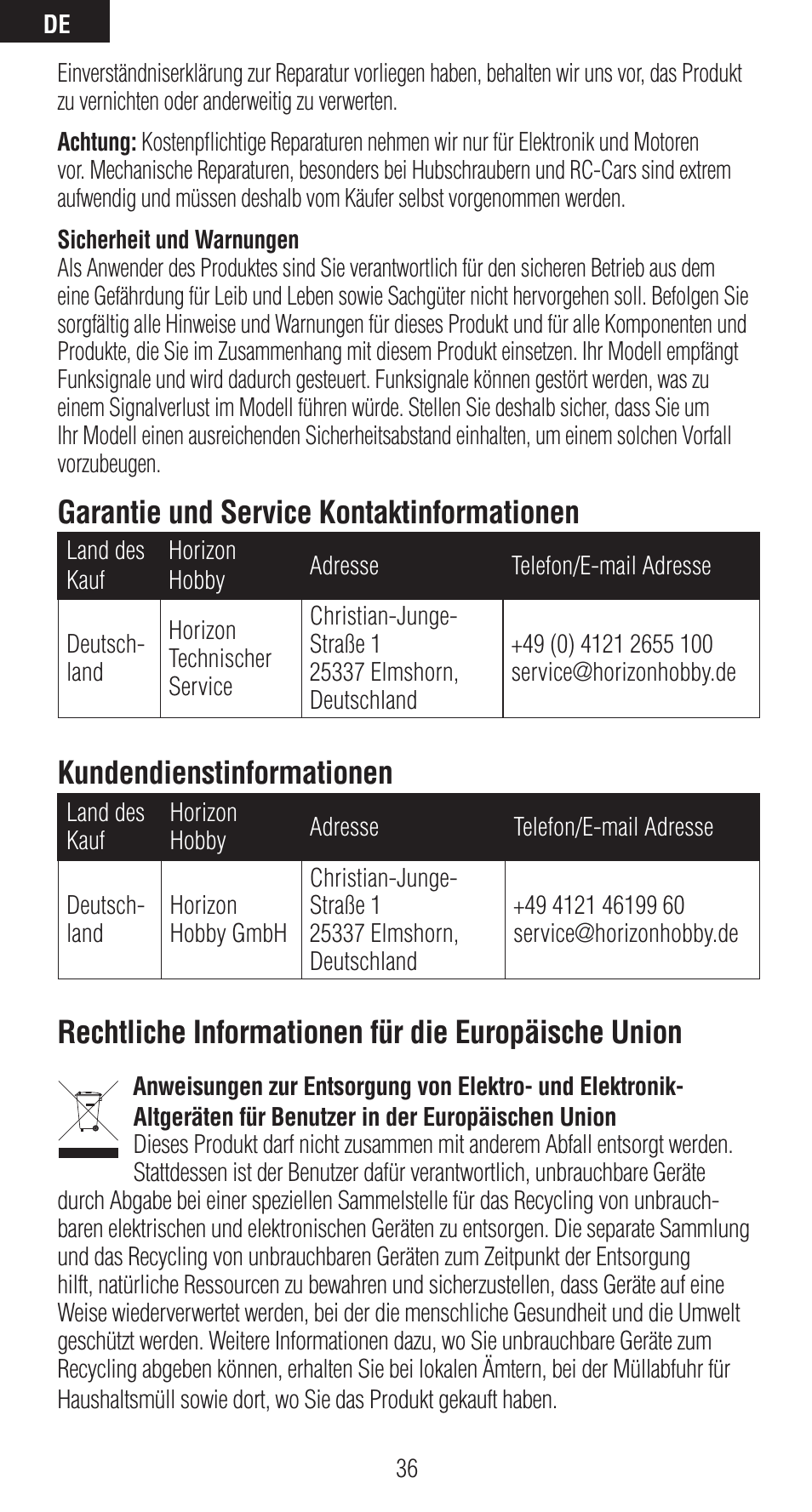 Garantie und service kontaktinformationen, Kundendienstinformationen, Rechtliche informationen für die europäische union | Spektrum SPMAR6410 User Manual | Page 36 / 72