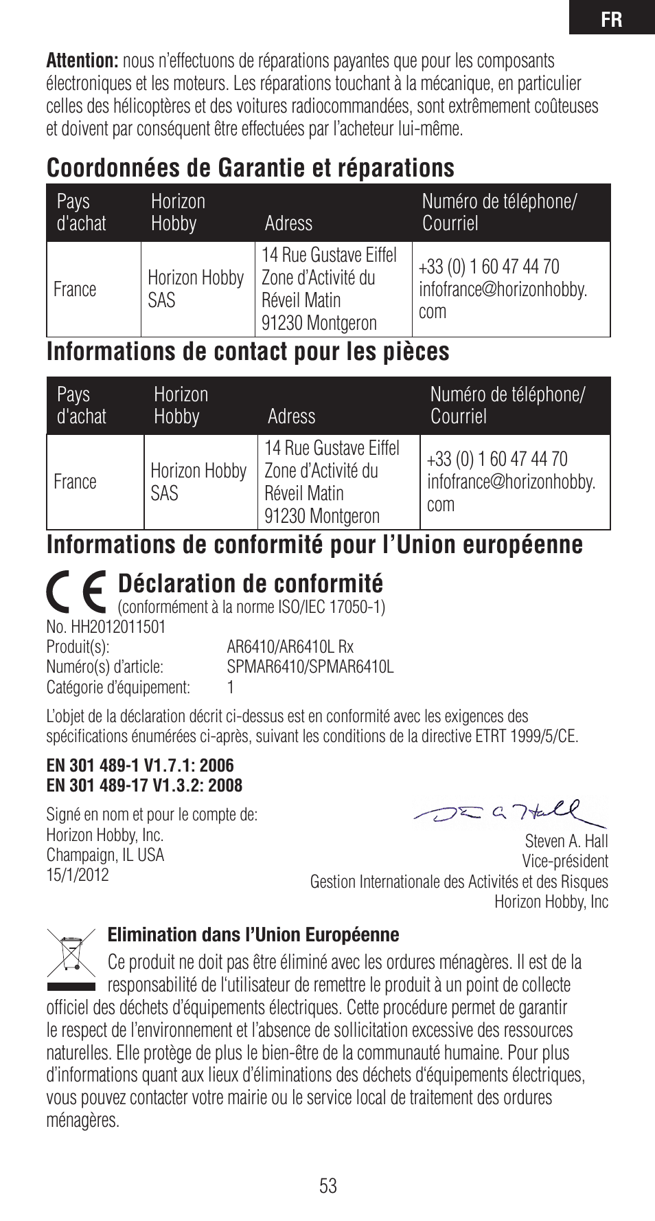 Coordonnées de garantie et réparations, Informations de contact pour les pièces | Spektrum SPMAR6410 User Manual | Page 53 / 72