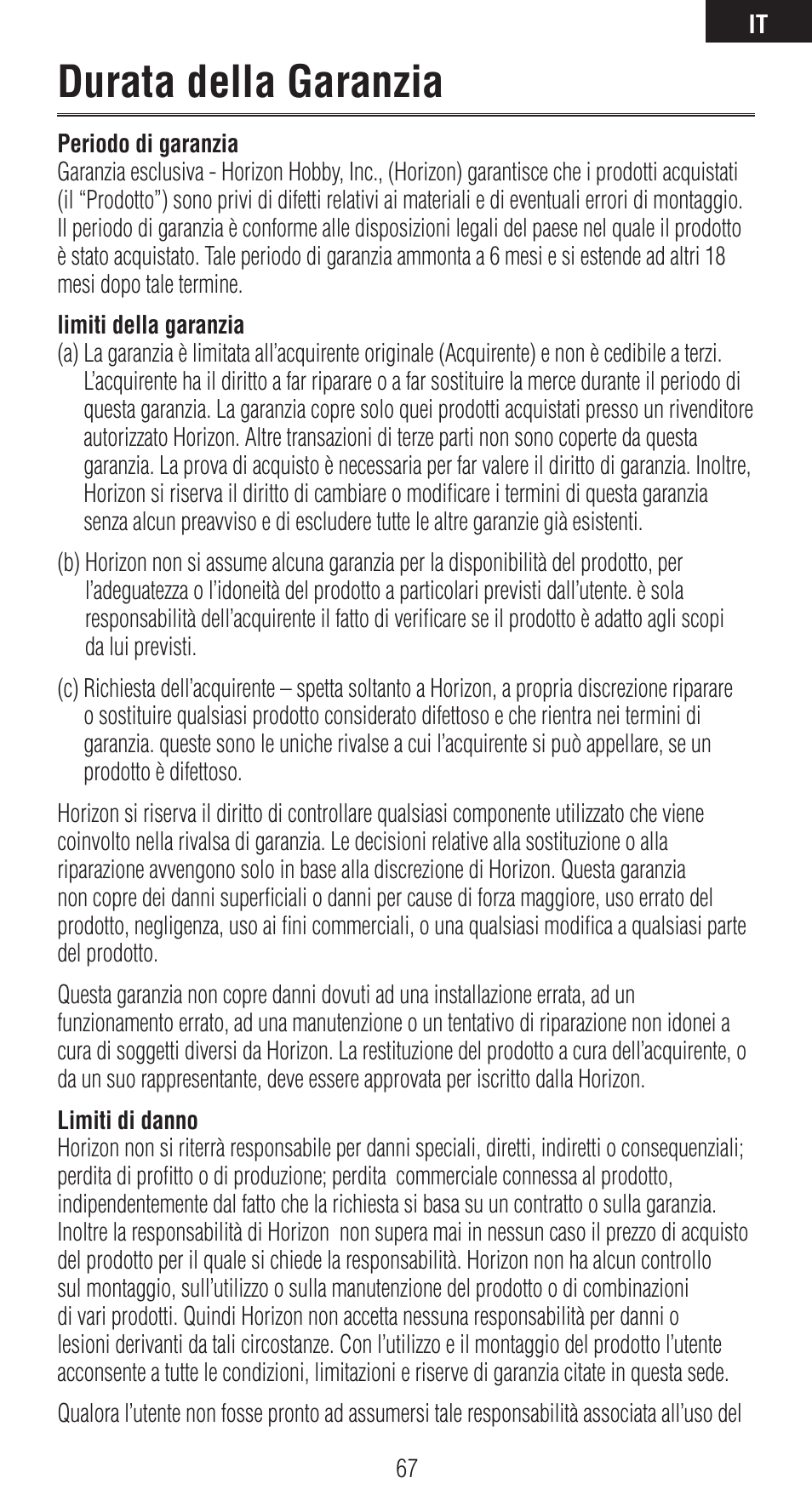 Durata della garanzia | Spektrum SPMAR6410 User Manual | Page 67 / 72
