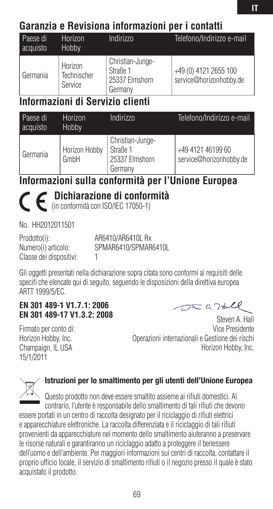 Garanzia e revisiona informazioni per i contatti, Informazioni di servizio clienti | Spektrum SPMAR6410 User Manual | Page 69 / 72