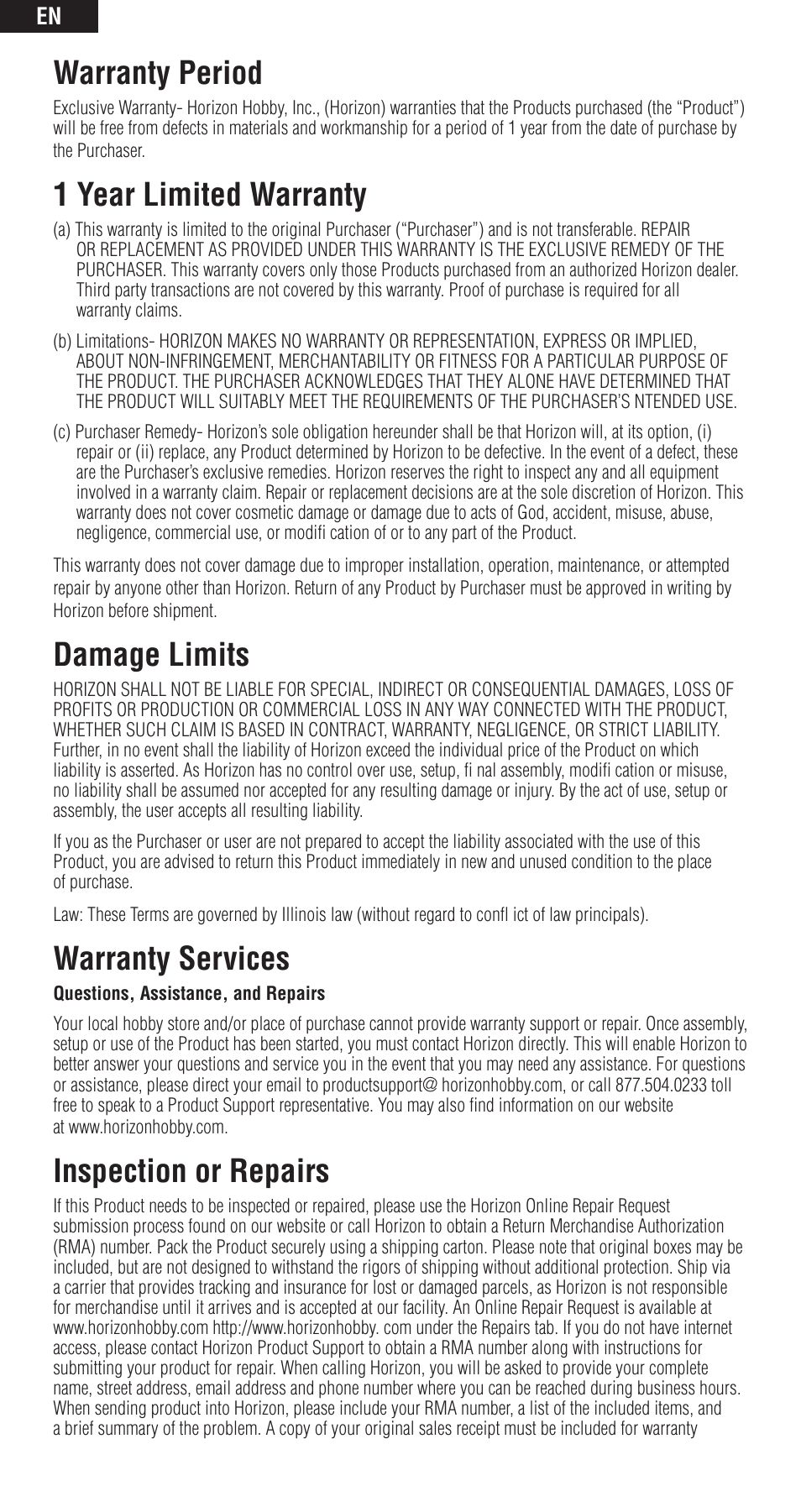 Warranty period, 1 year limited warranty, Damage limits | Warranty services, Inspection or repairs | Spektrum SPMAR6400T User Manual | Page 10 / 13