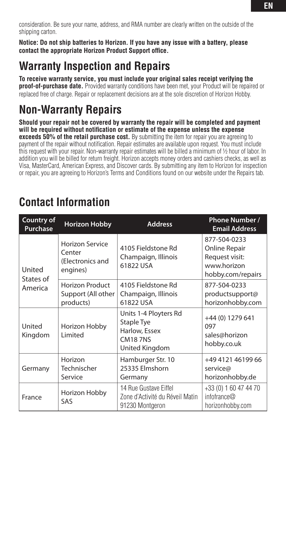 Warranty inspection and repairs, Non-warranty repairs, Contact information | Spektrum SPMAR6400T User Manual | Page 11 / 13
