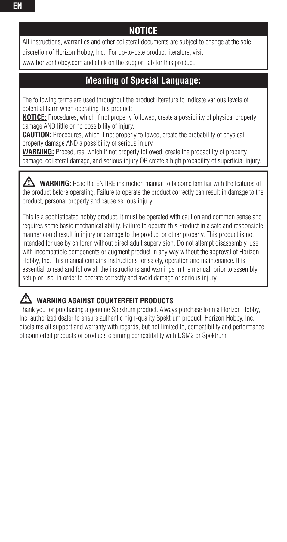 Notice, Meaning of special language | Spektrum SPMAR6400T User Manual | Page 2 / 13